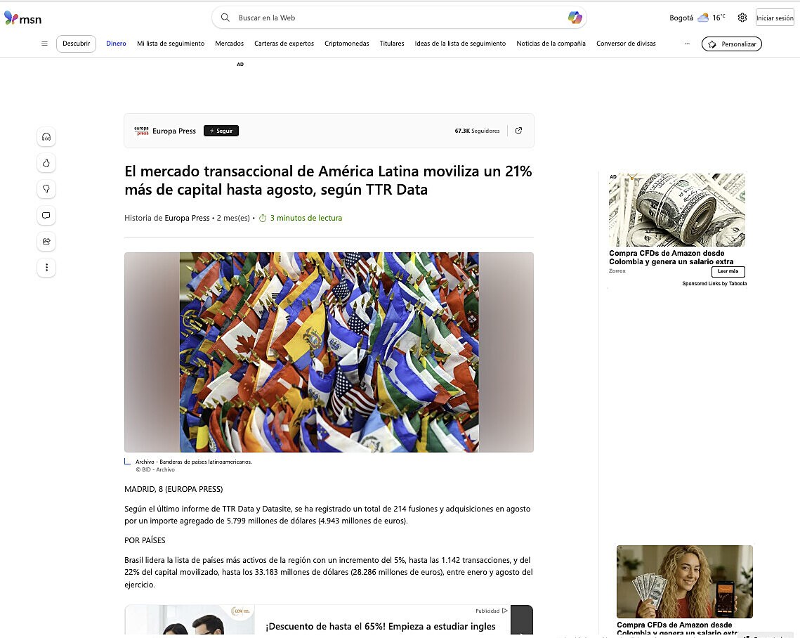 El mercado transaccional de Amrica Latina moviliza un 21% ms de capital hasta agosto, segn TTR Data